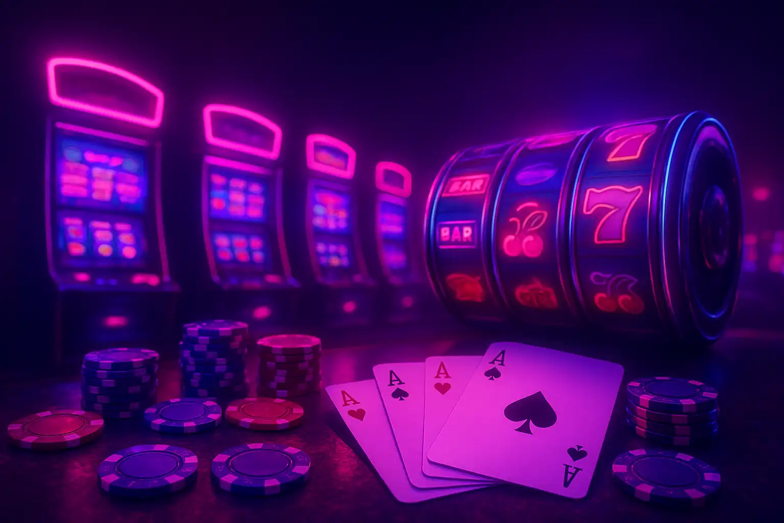 Rulli di slot e fiche al neon in stile Las Vegas su PokerBet Casino