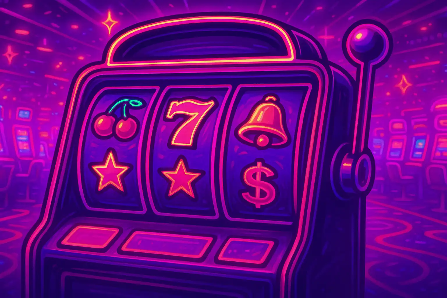 Bunte Spielautomaten-Walzen im Las-Vegas-Stil, leuchtend in Pink und Violett